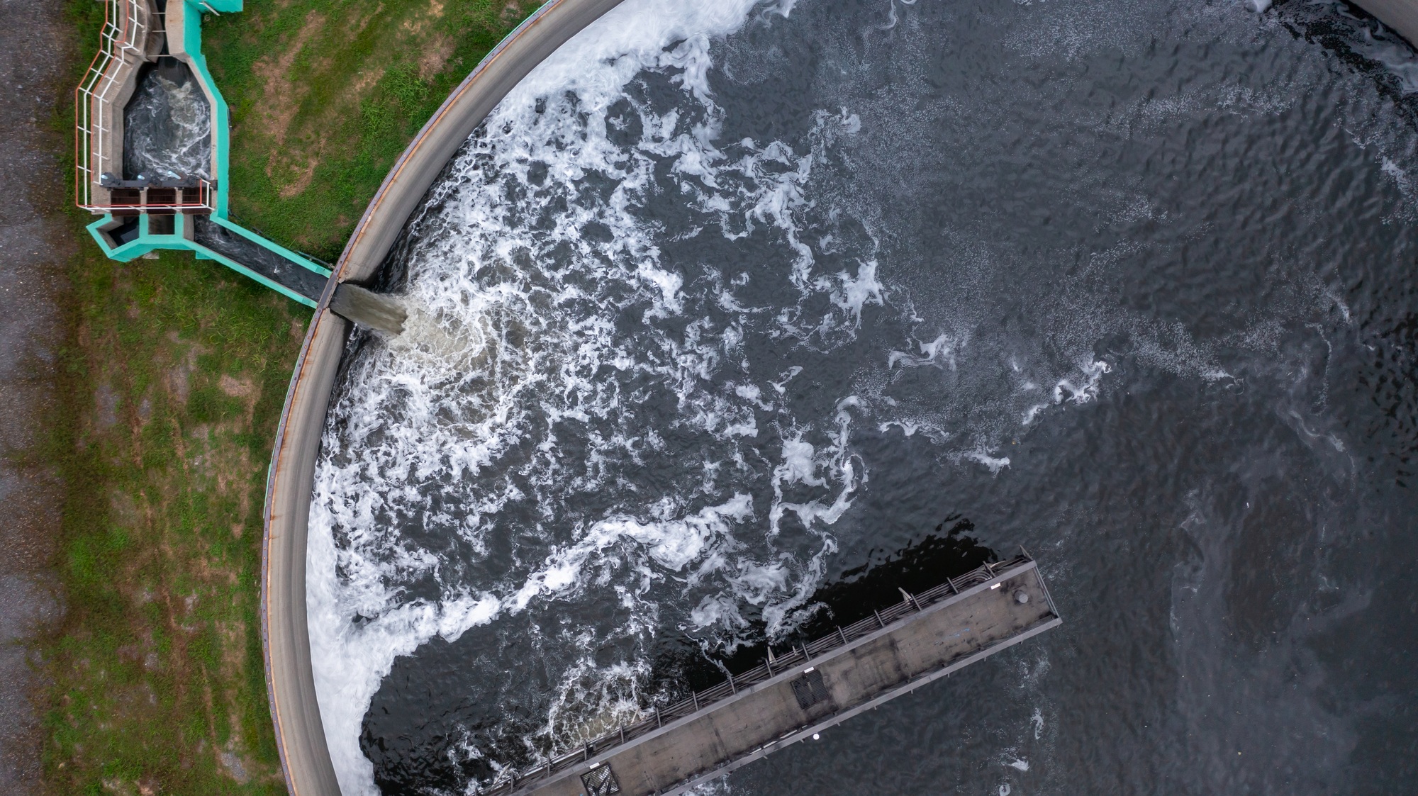 Aerial view of sewage water treatment plant, Purification process water cleaning facility wastewater