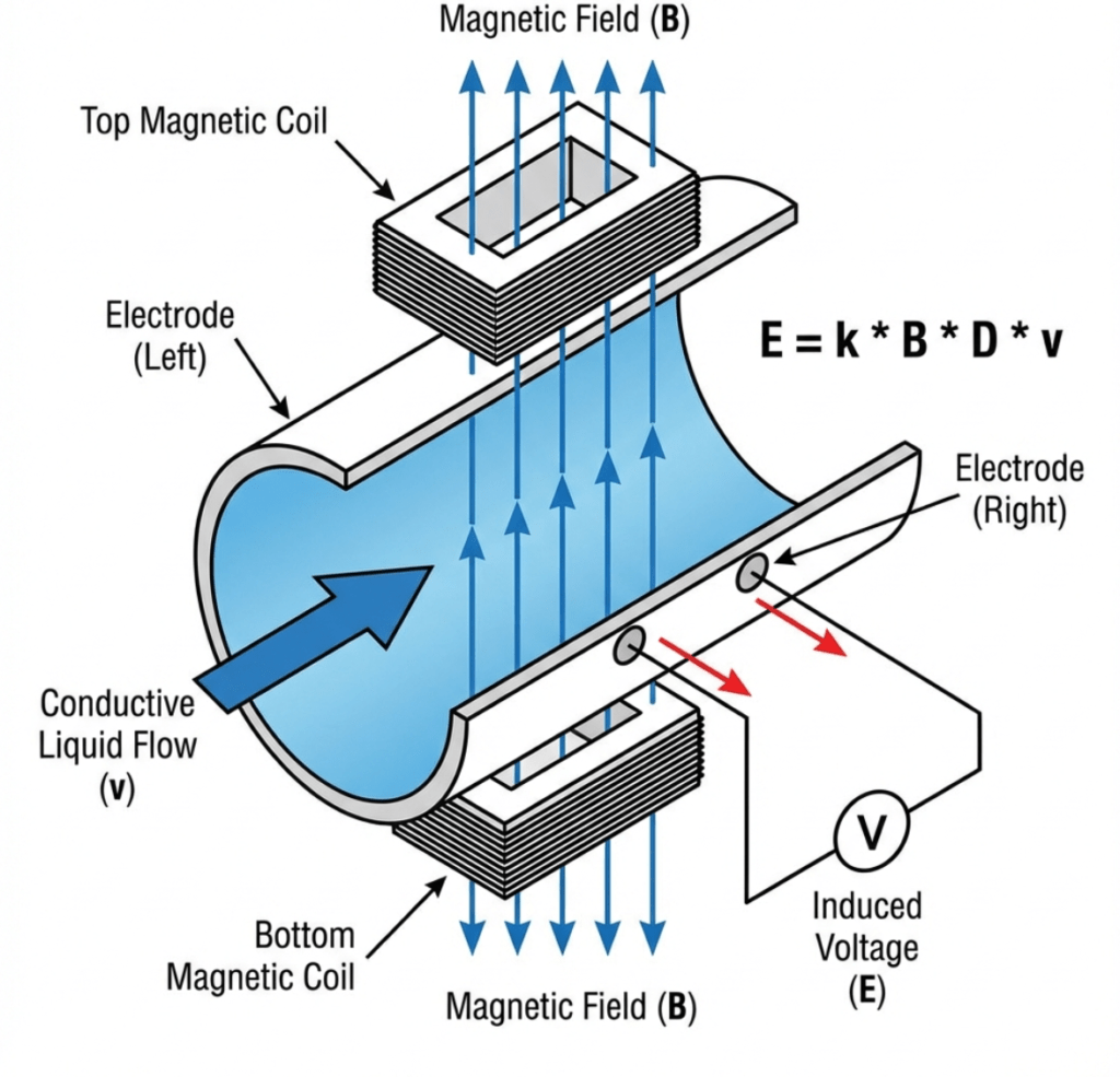 Working Principle of Magnetic Flow Meter (Faraday's Law of Induction)