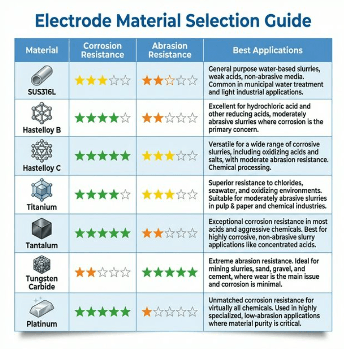 Create a professional infographic chart showing electrode material selection for electromagnetic flow meters in slurry applications