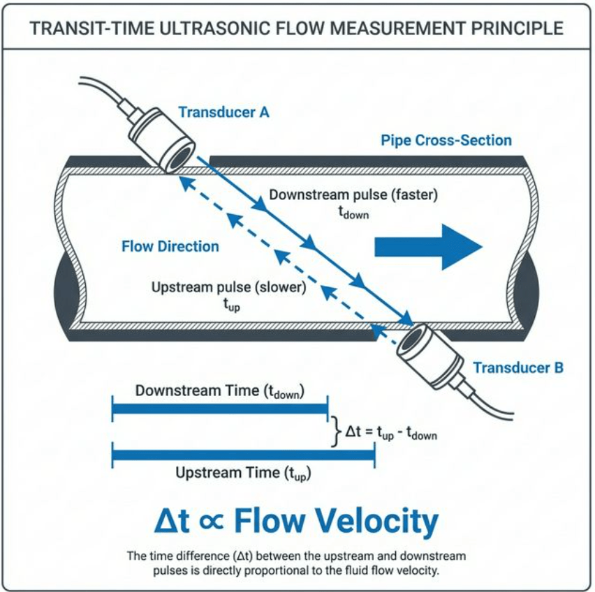 Transit-Time Ultrasonic Flow Meter Working Principle Diagram
