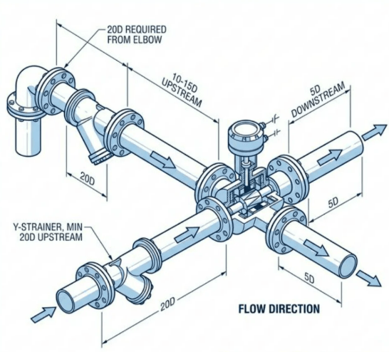 Professional installation diagram for turbine flow meter showing straight pipe requirements