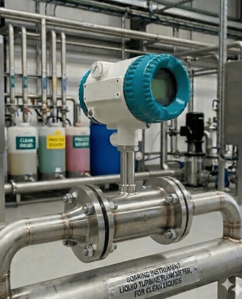 Liquid turbine flow meter installed on a stainless steel pipeline in an industrial setting
