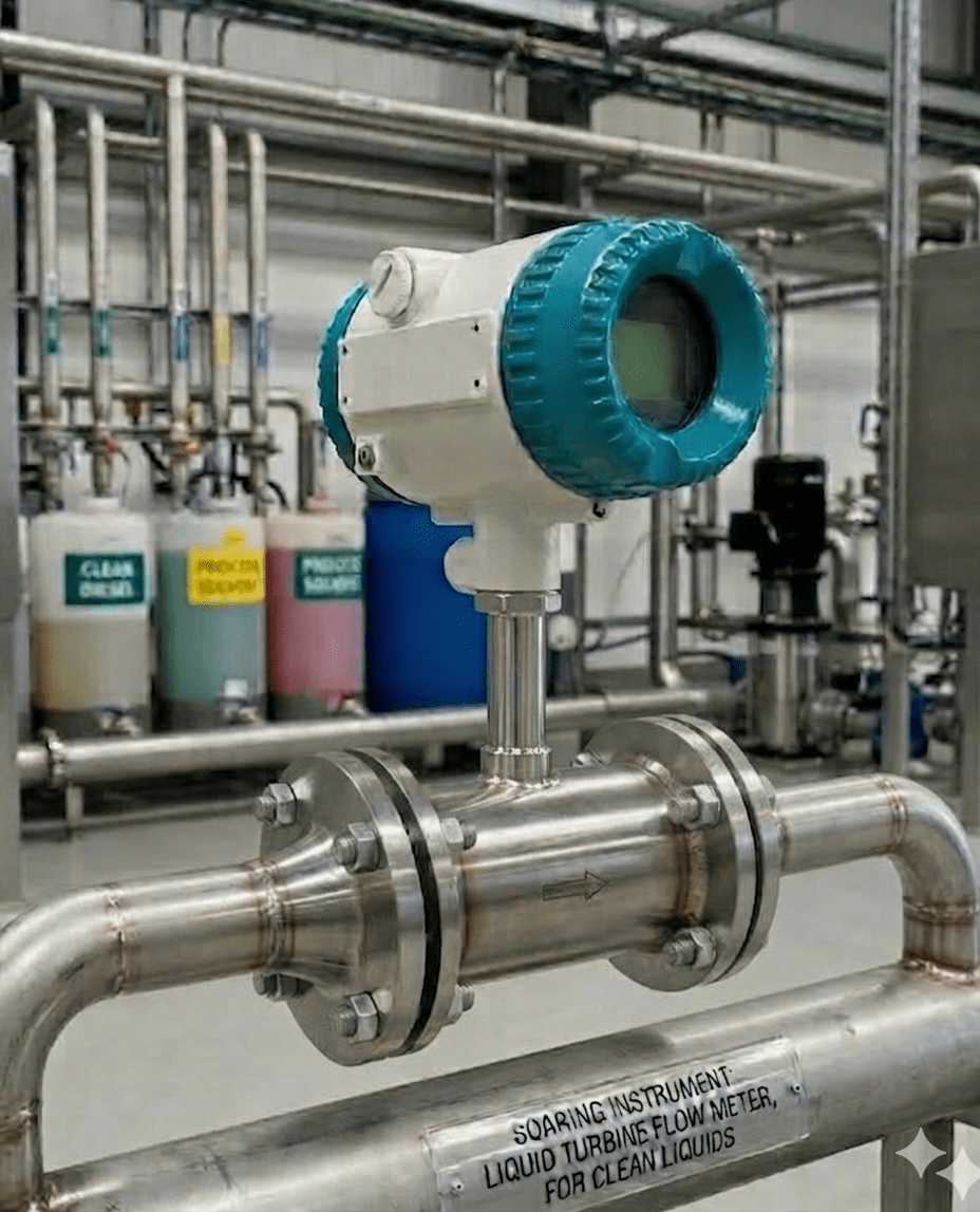 Liquid turbine flow meter installed on a stainless steel pipeline in an industrial setting