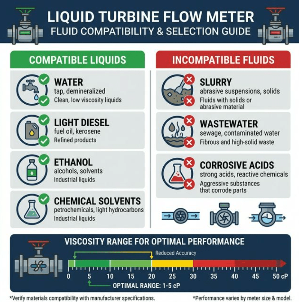 Professional infographic showing liquid turbine flow meter fluid compatibility and selection guide