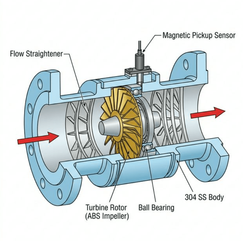 Technical cutaway cross-section diagram of a gas turbine flow meter showing internal components