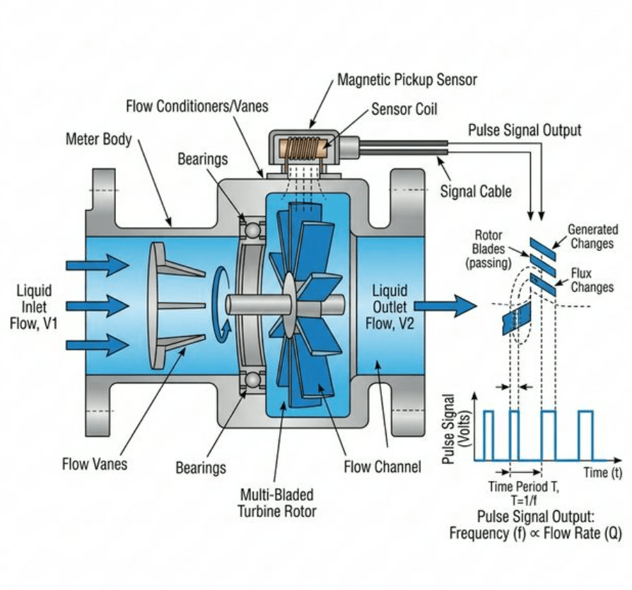 Technical diagram showing liquid turbine flow meter working principle