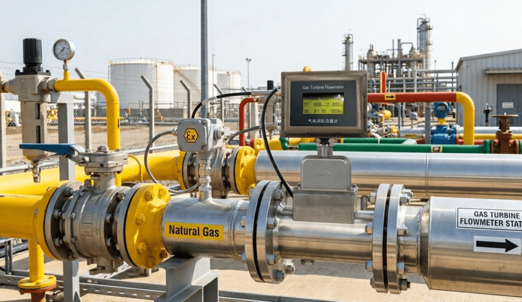 Gas Turbine Flow Meter installed on industrial natural gas pipeline with LCD display and flanged connections