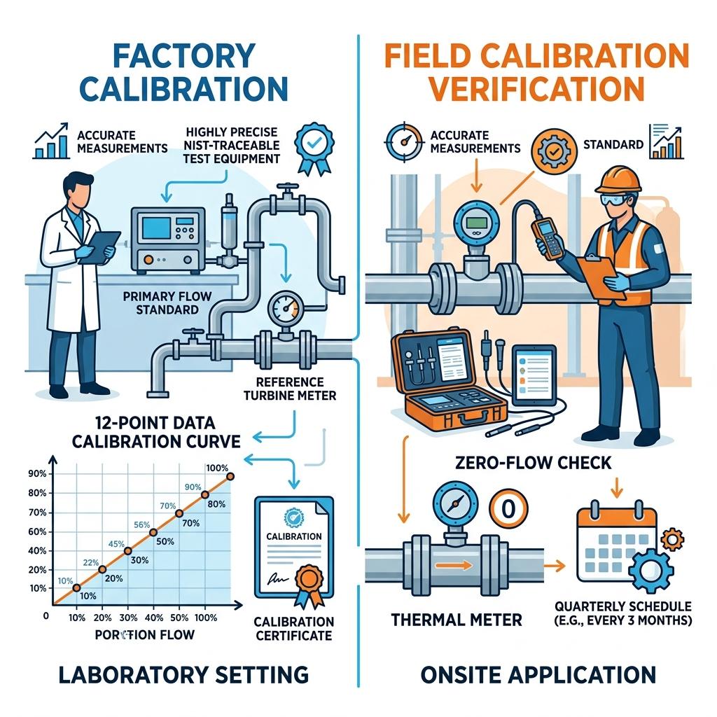 Infographic comparing NIST-traceable factory calibration with 12-point data curve versus quarterly field calibration verification with zero-flow check