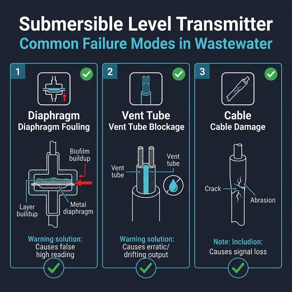 Three common failure modes of submersible level transmitters: diaphragm fouling, vent tube blockage, and cable damage with diagnostic tips