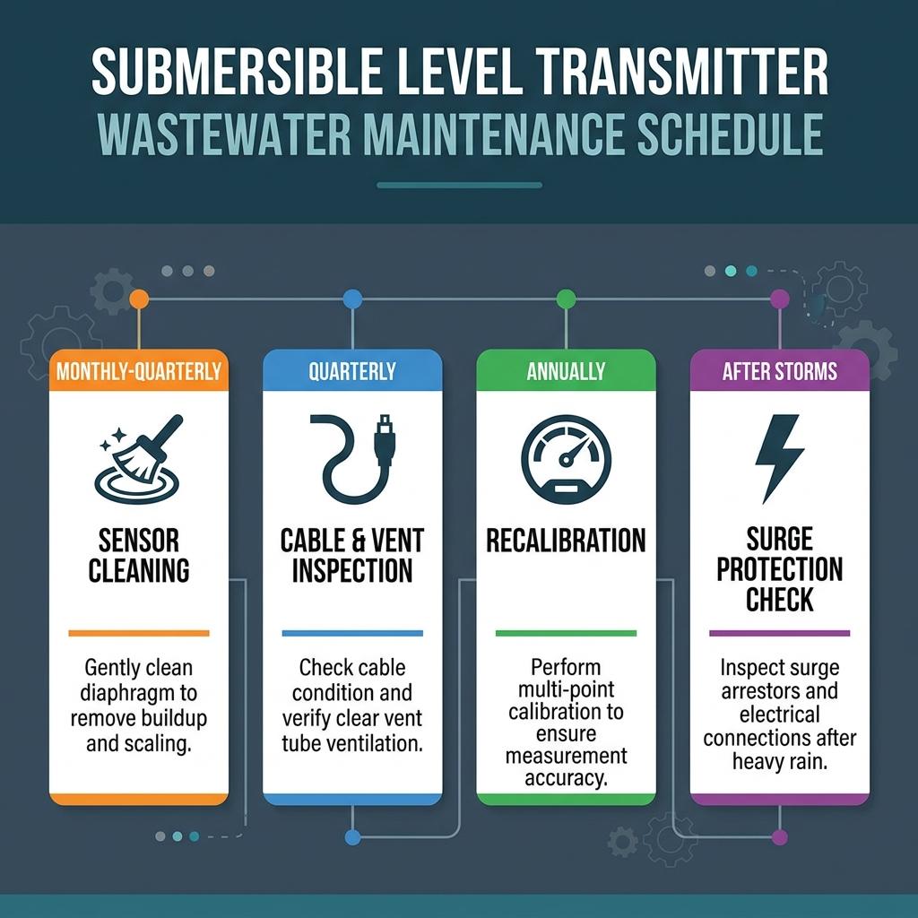 Submersible level transmitter maintenance schedule infographic showing cleaning, cable inspection, calibration, and surge protection intervals