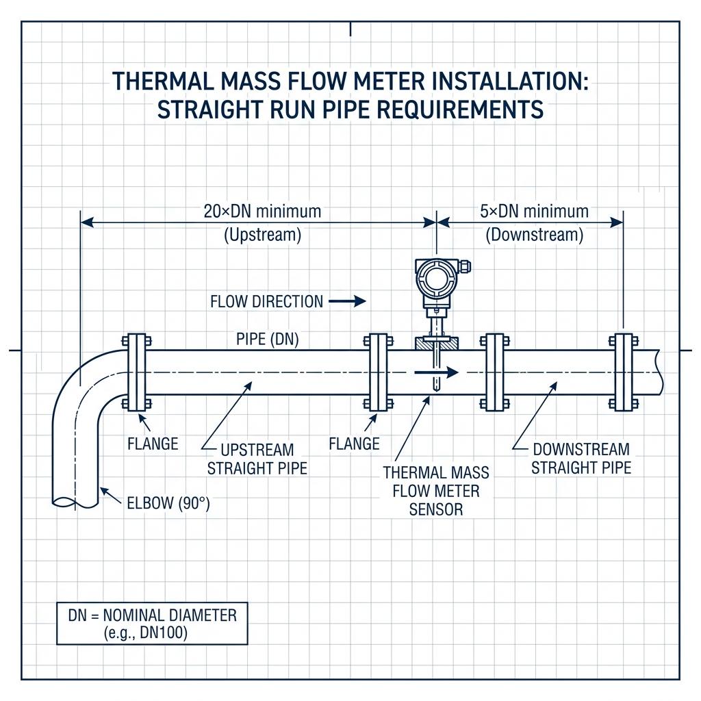Thermal mass flow meter straight run requirements diagram showing 20×DN upstream and 5×DN downstream minimum distances from 90-degree elbow