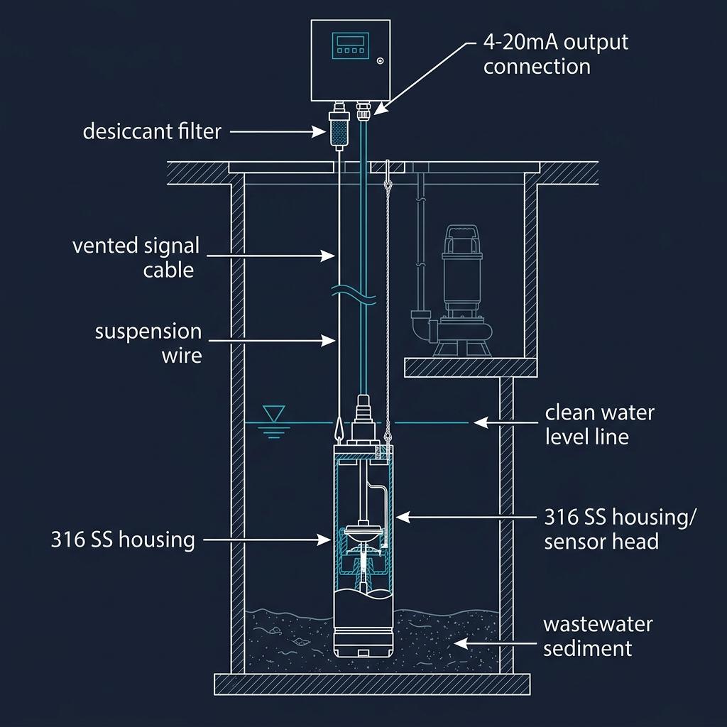 Submersible Level Transmitter installation diagram showing sensor components, vented cable, and wastewater wet well cross-section