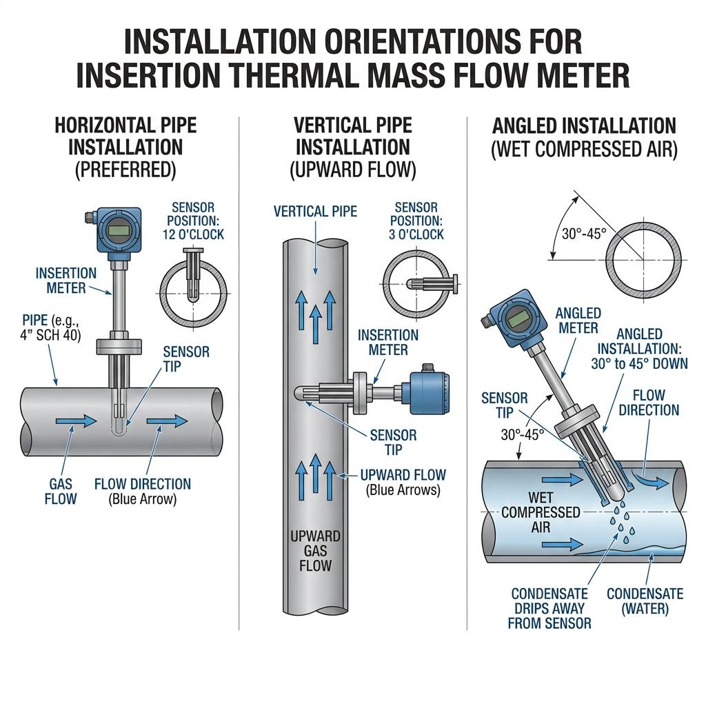 Three thermal mass flow meter installation orientations: horizontal pipe, vertical pipe with upward flow, and 30-45 degree angled installation for wet compressed air