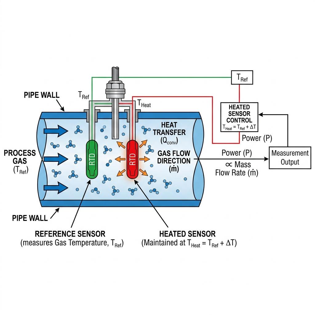 Thermal mass flow meter measuring principle diagram showing heated sensor and reference sensor with constant temperature differential method