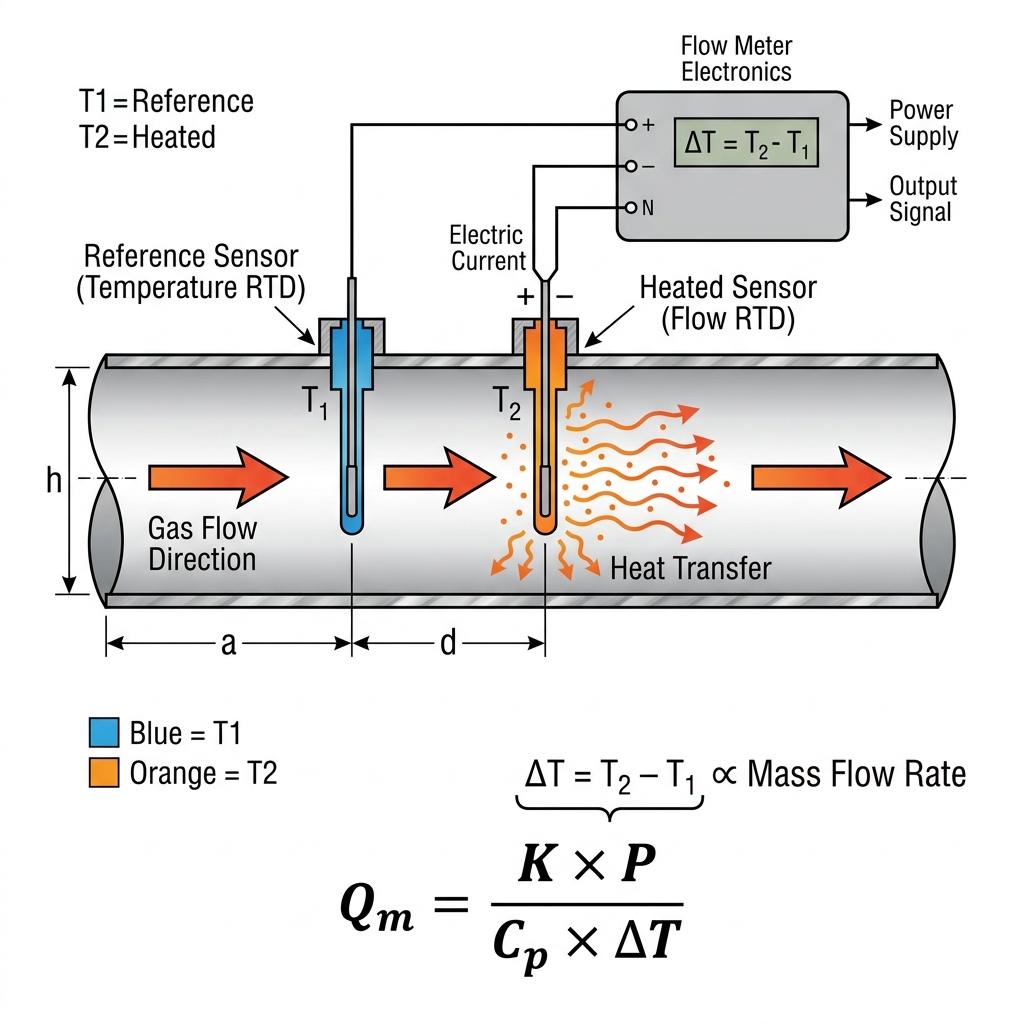 Working principle diagram showing RTD sensors and heat transfer in gas flow