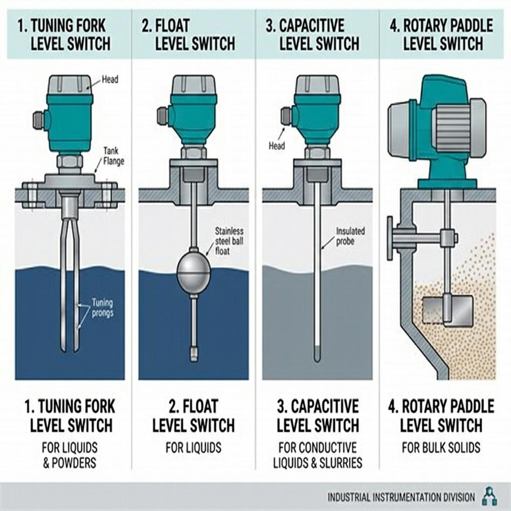 Visual comparison of four level switch technologies: tuning fork, float, capacitive, and rotary paddle