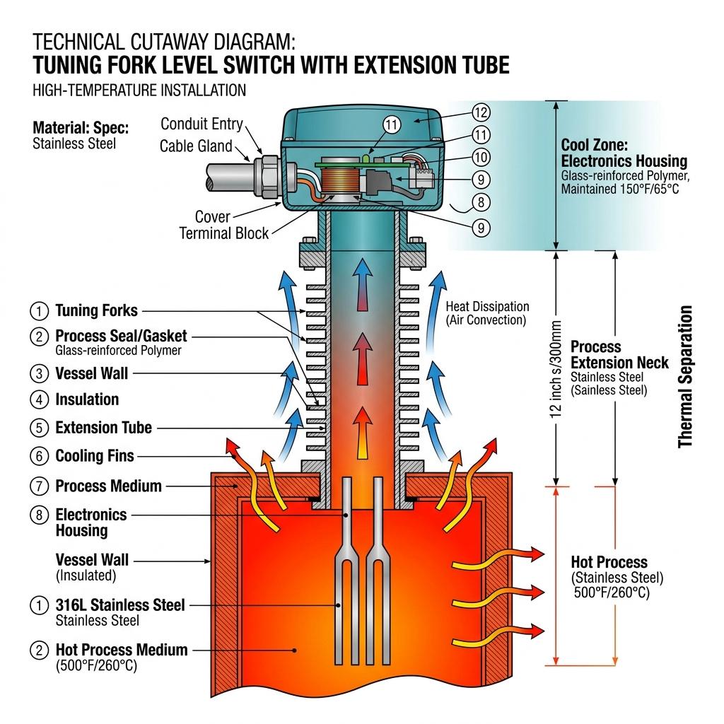 Cutaway diagram showing tuning fork level switch with process extension neck tube for high temperature thermal separation