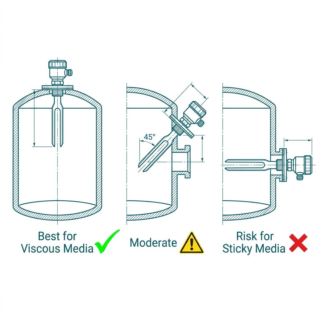 Three installation orientations for tuning fork level switch: vertical (best for viscous), angled 45 degrees (moderate), and horizontal (risk for sticky media)