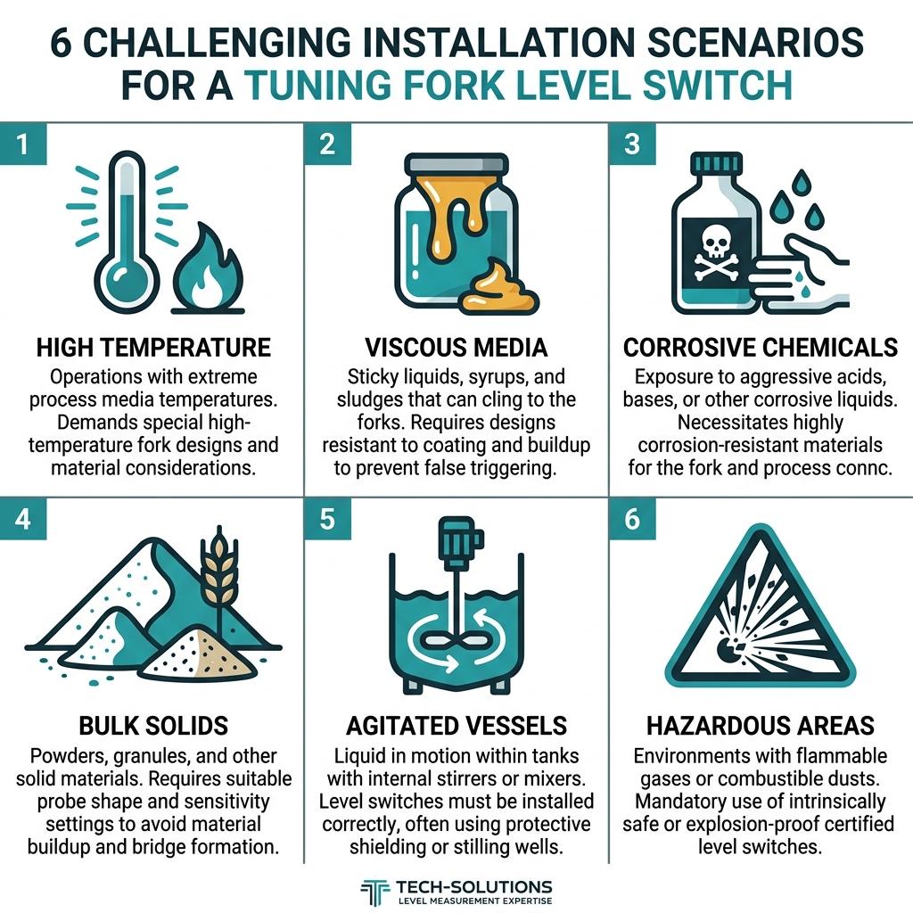 6 challenging installation scenarios for tuning fork level switches: high temperature, viscous media, corrosive chemicals, bulk solids, agitated vessels, and hazardous areas