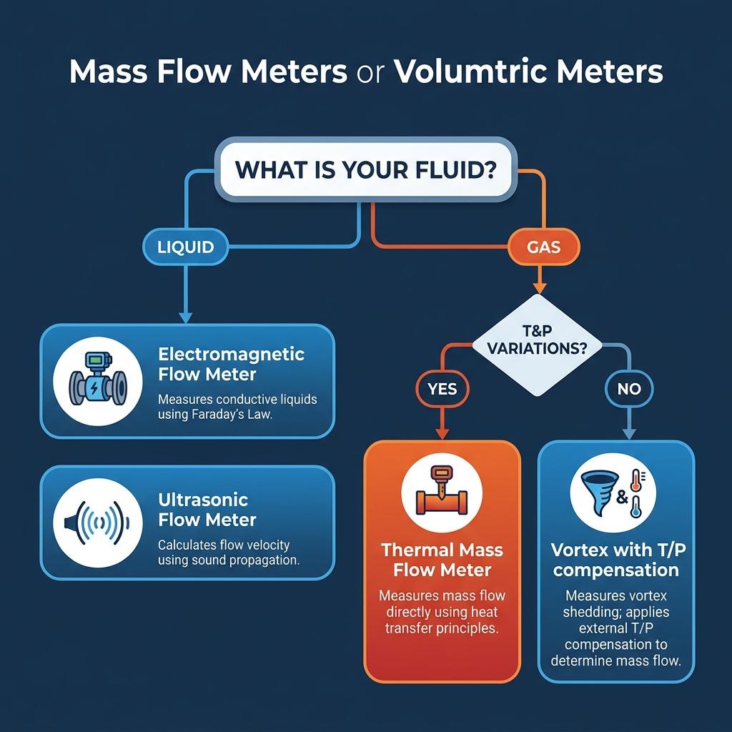 Flow meter selection decision flowchart for choosing between mass flow and volumetric flow meters