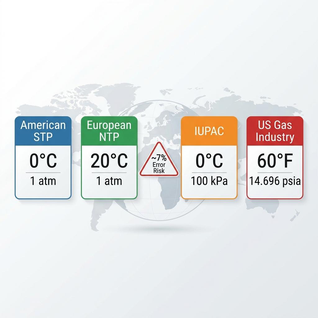 Global STP and NTP reference conditions comparison chart showing 7% error risk when mixing standards
