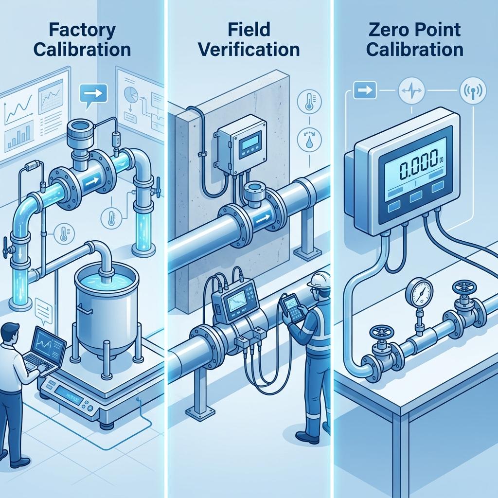 Comparison of factory calibration, field verification, and zero point calibration methods for ultrasonic flow meters