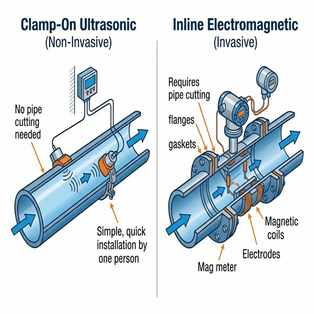 Clamp-on ultrasonic vs inline electromagnetic flow meter installation comparison