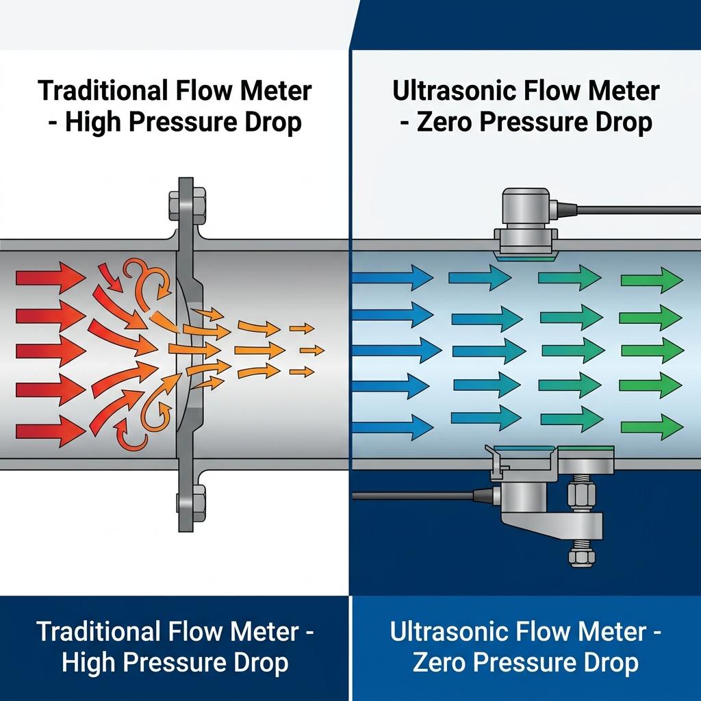 Ultrasonic flow meters cause zero pressure drop compared to traditional flow meters