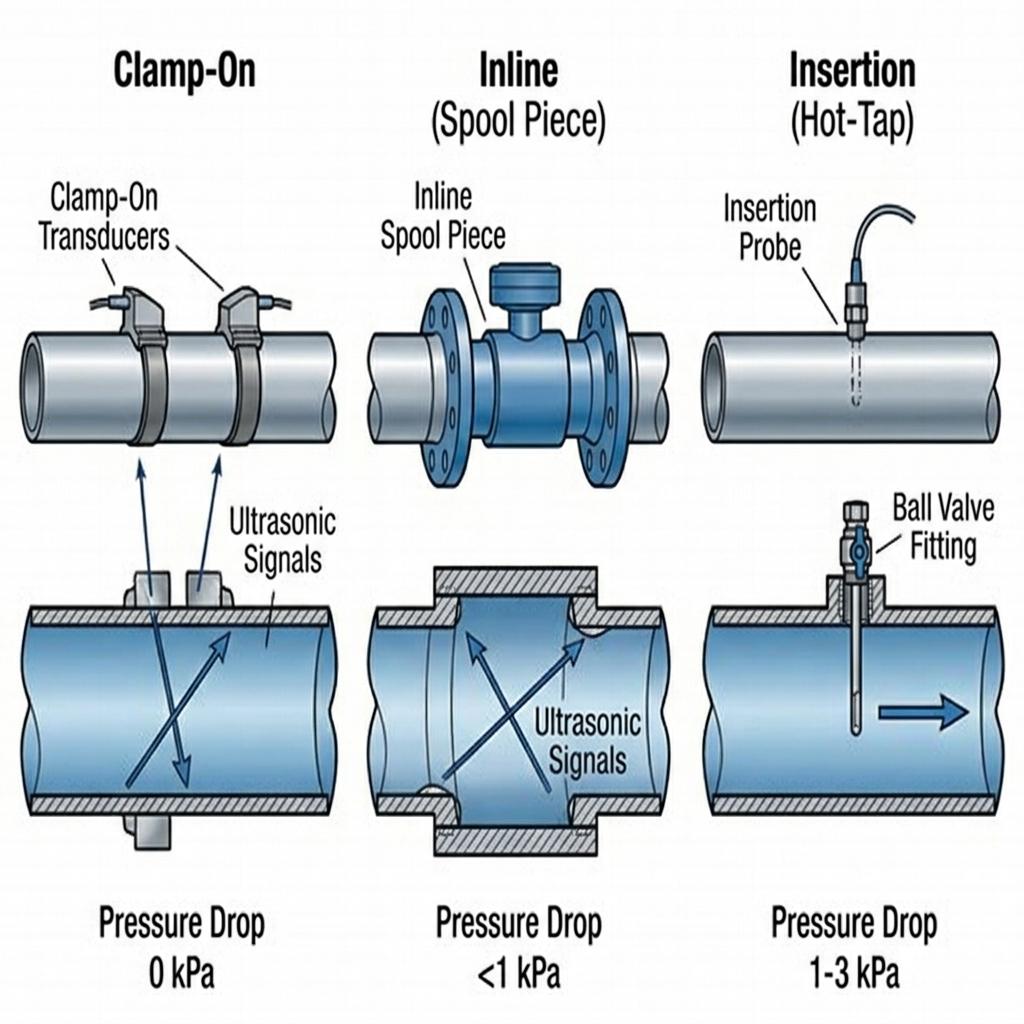 Three ultrasonic flow meter installation types - clamp-on (0 kPa), inline (<1 kPa), and insertion (1-3 kPa) pressure drop comparison