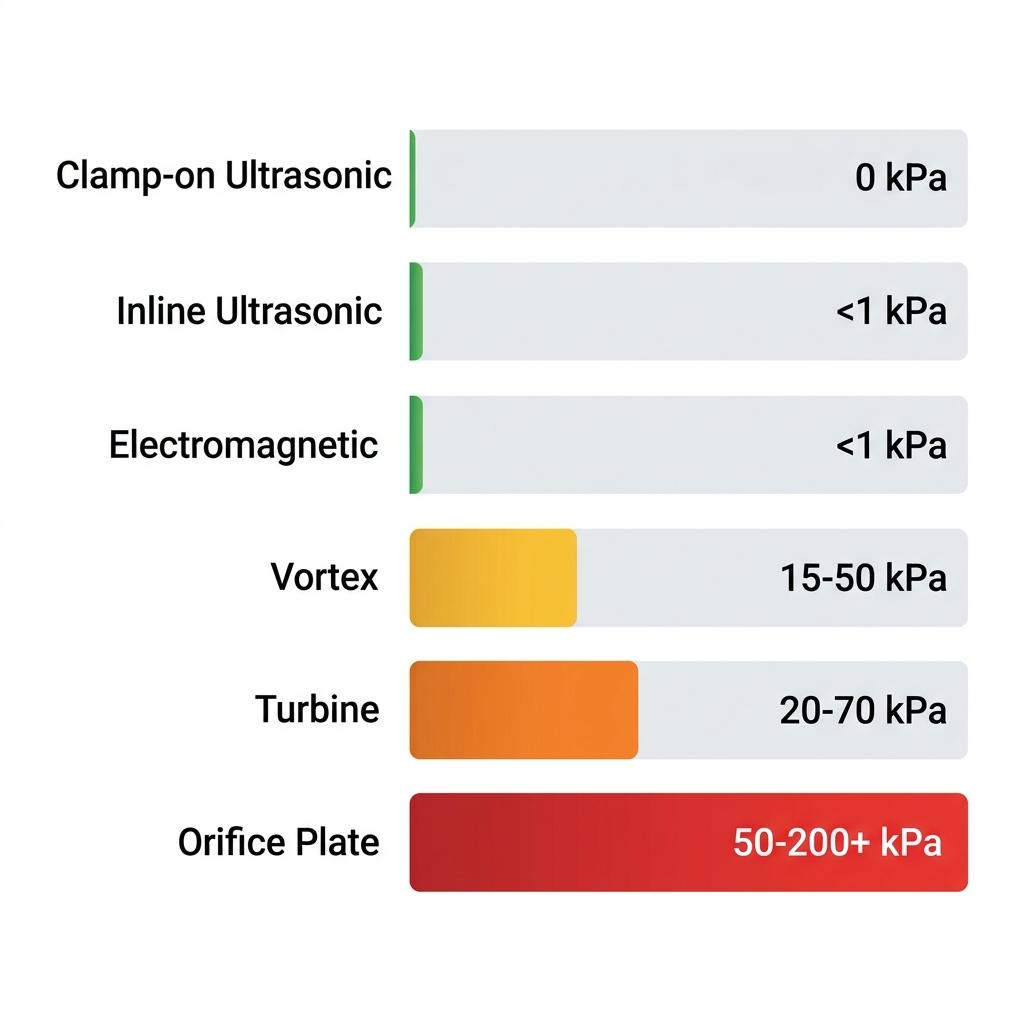 Pressure drop comparison chart showing ultrasonic flow meters at 0 kPa versus orifice plates at 50-200+ kPa