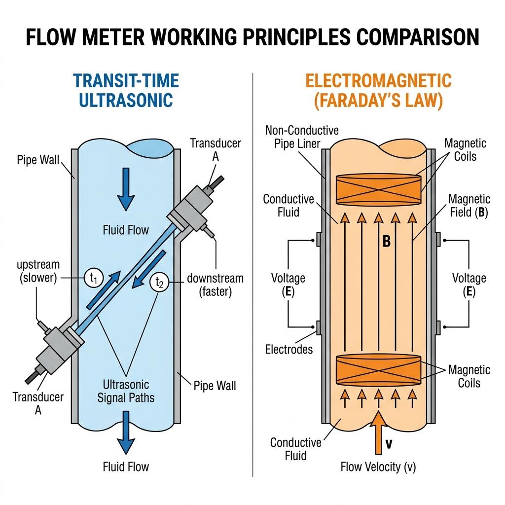 Transit-time ultrasonic vs electromagnetic flow meter working principle comparison