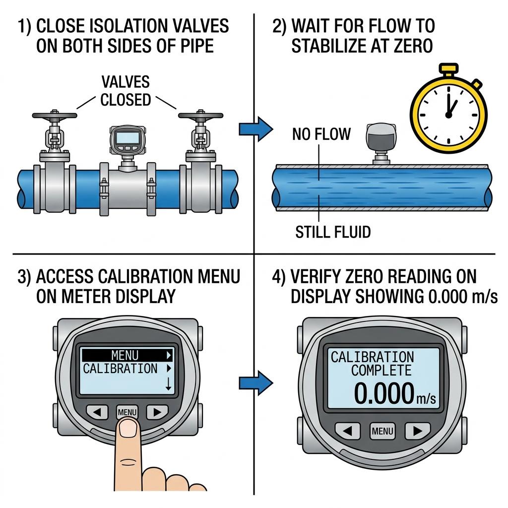 Step-by-step zero point calibration process for ultrasonic flow meters