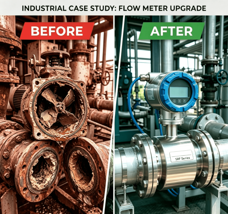 Before and after comparison: clogged propeller meter vs. clean electromagnetic flow meter installation