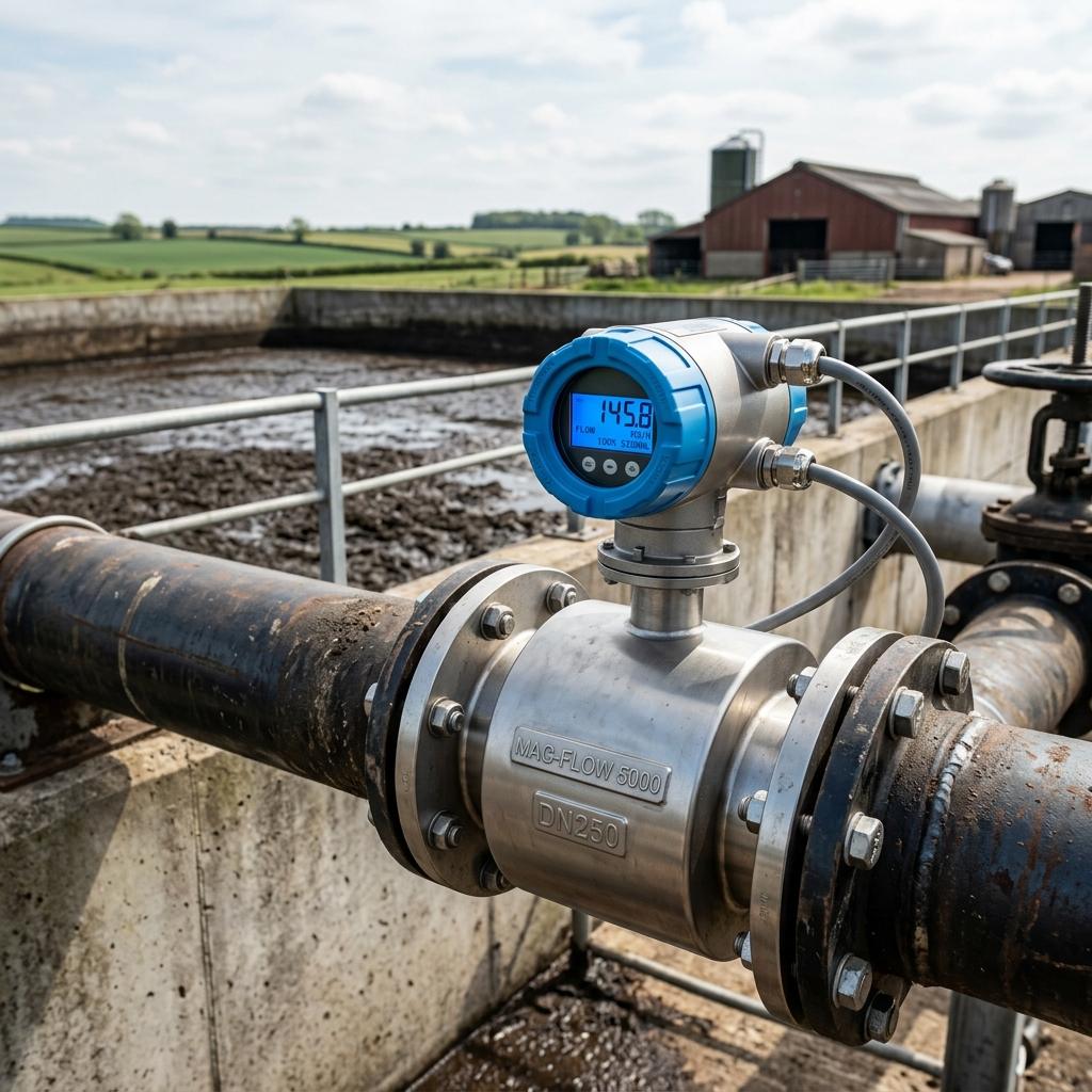 Slurry magnetic flow meter installed at dairy farm manure pumping station