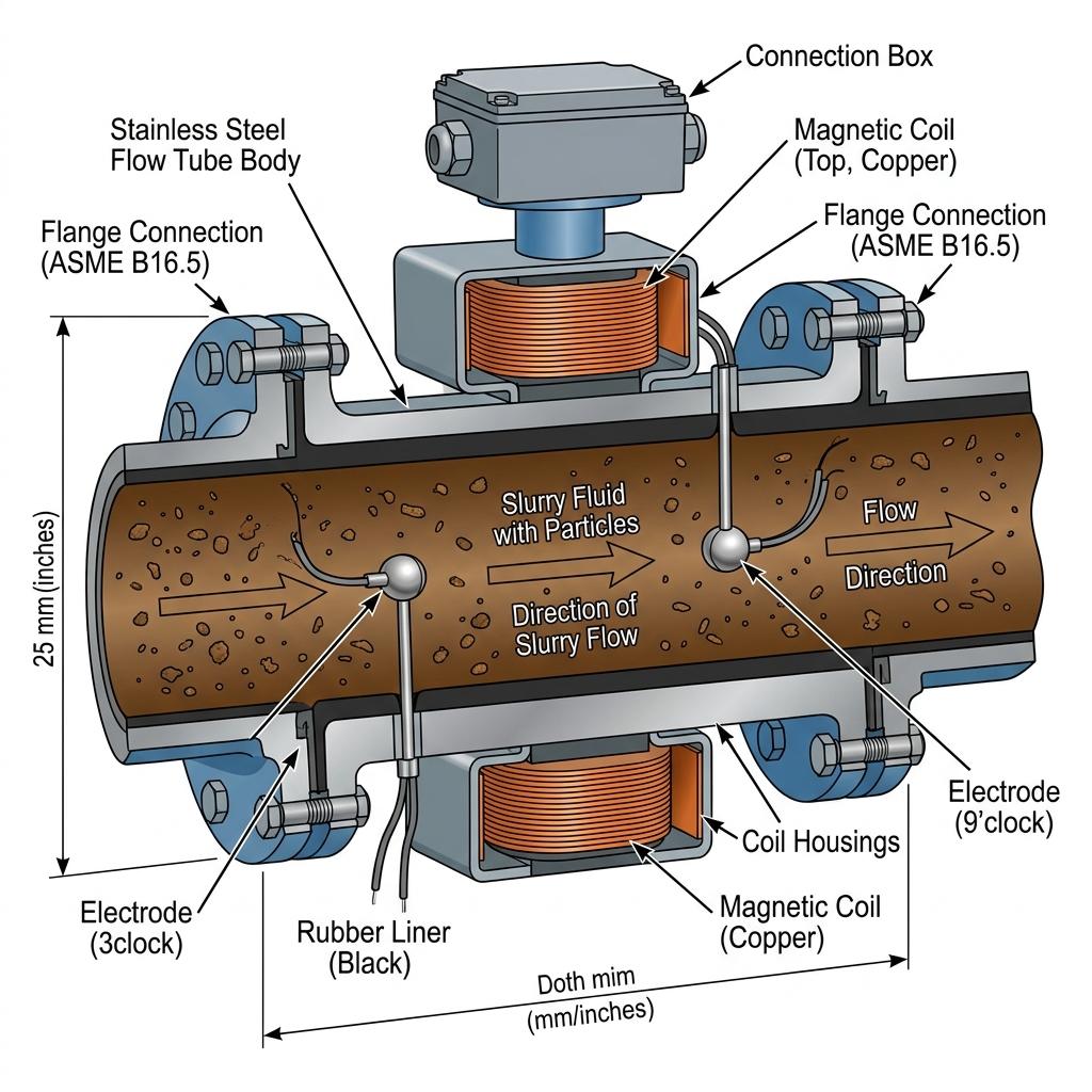 Cross-section cutaway of an electromagnetic flow meter showing rubber liner, electrodes, and magnetic coils