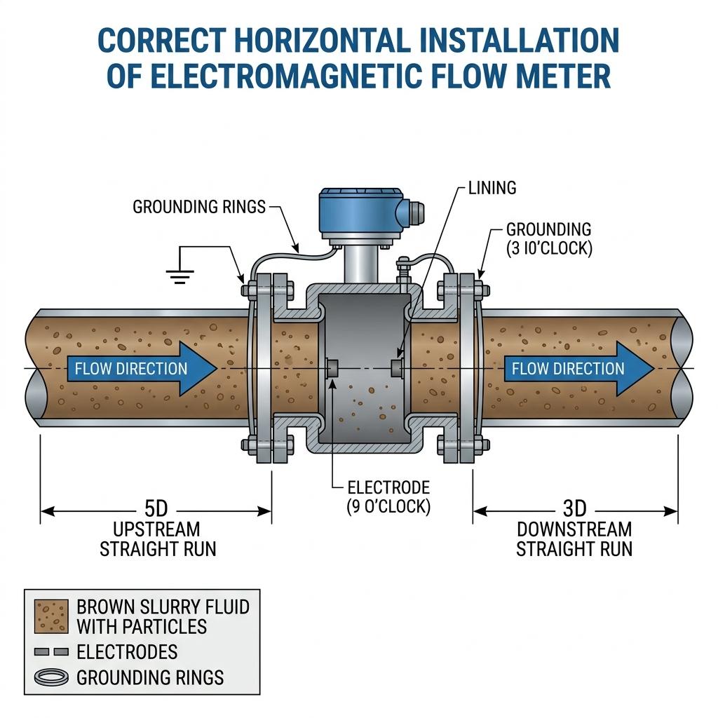 Electromagnetic flow meter horizontal installation diagram showing electrode orientation, straight run requirements, and grounding rings