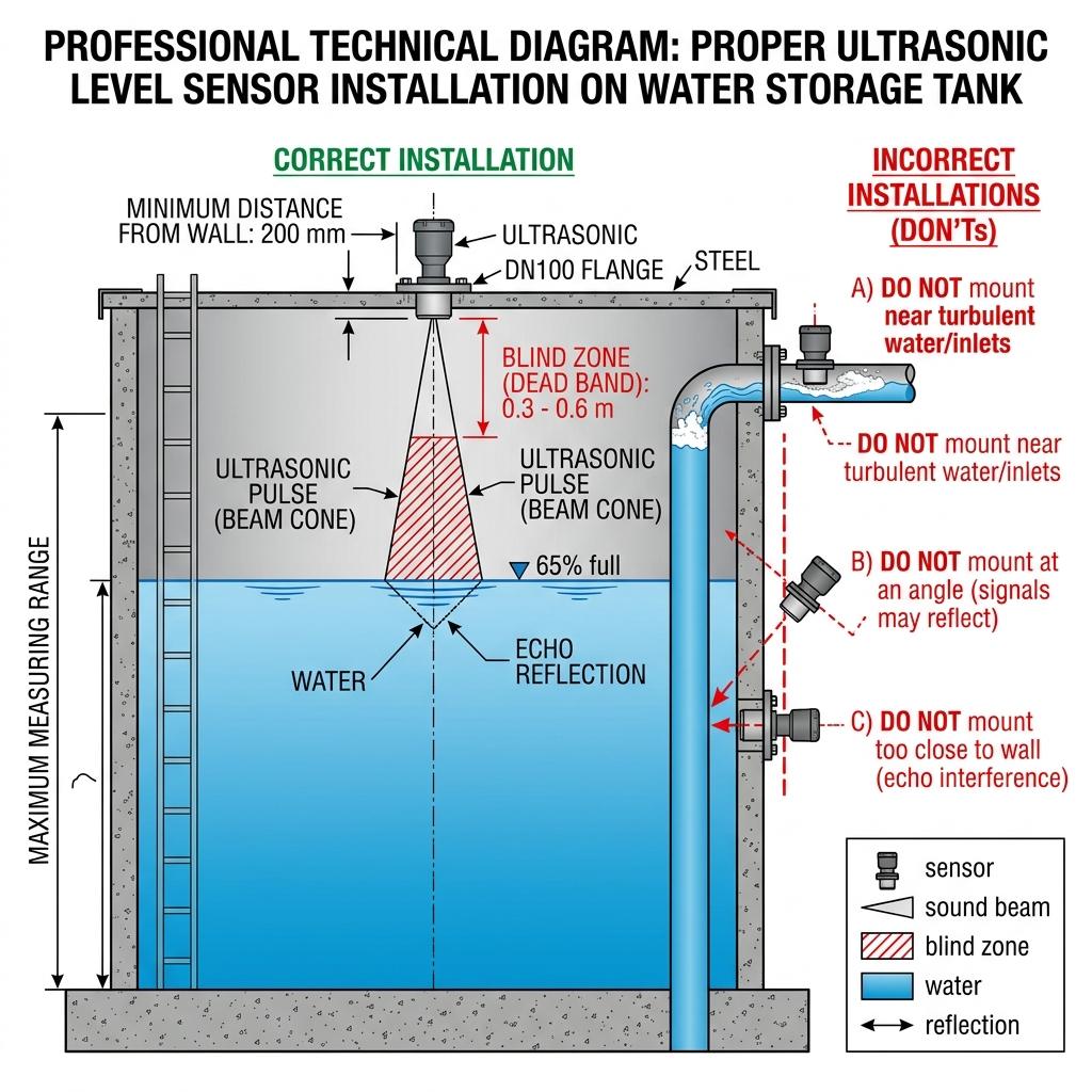 Proper installation diagram for ultrasonic level sensor on water tank showing blind zone and beam angle