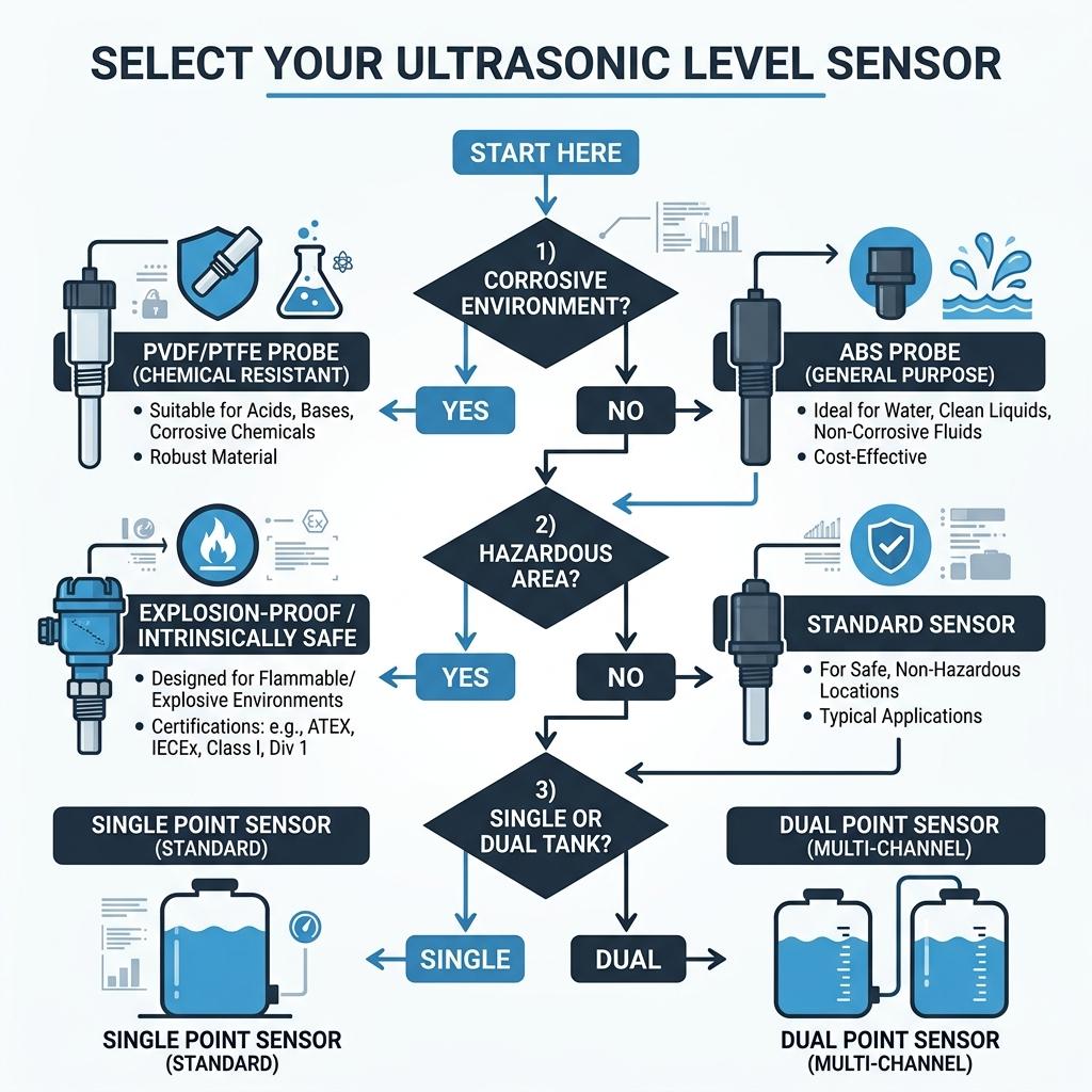 Ultrasonic level sensor selection decision flowchart for water tank applications